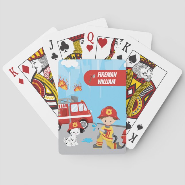 Little Boy's Cartoon Fireman with First Name Playing Cards (Back)