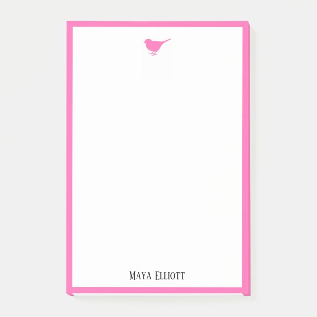Little Bright Pink Bird & Border on White Post-it Notes (Front)