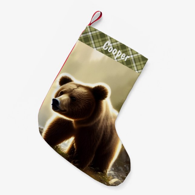 Little Brown Bear Wildlife Portrait Personalised  Small Christmas Stocking (Front (Hanging))