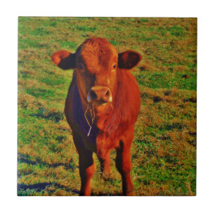 Little Brown Cow Bright Green Grass Tile