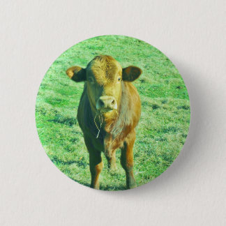 Little Brown Cow in Pastel Green Grass 6 Cm Round Badge