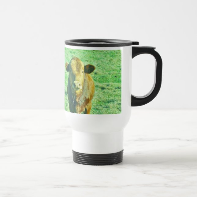 Little Brown Cow in Pastel Green Grass Travel Mug (Right)