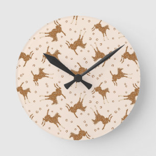 Little Brown Horses - on salmon pink.   Round Clock