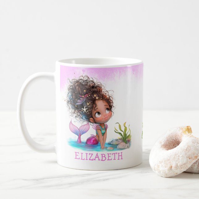 Little Brown Mermaid Watercolor Coffee Mug (With Donut)