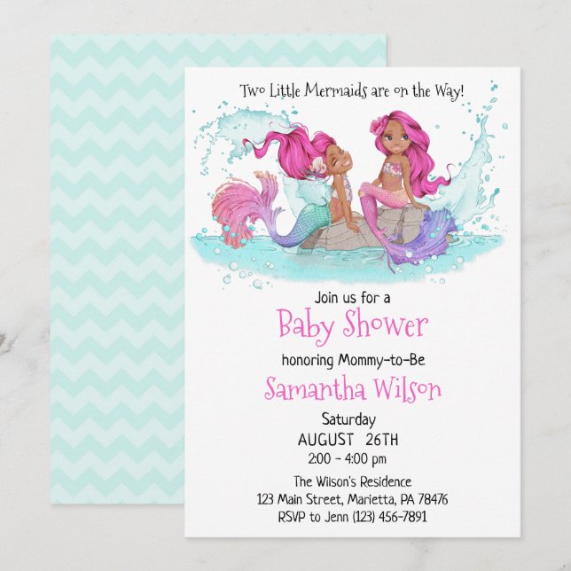 Little Brown Twin Mermaids Watercolor Baby Shower  Invitation (Front/Back)