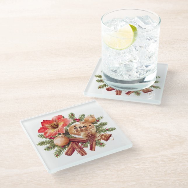 Little Brownies Gingerbread with Red Amaryllis Glass Coaster (Angled)