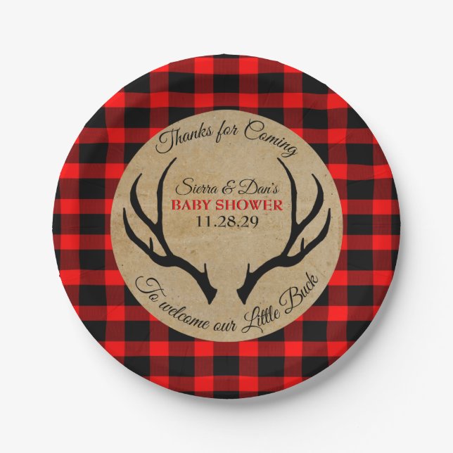Little Buck Rustic Antlers Baby Shower Paper Plate (Front)