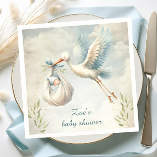 Little Bundle Blue Vintage Stork Baby Shower Napkin