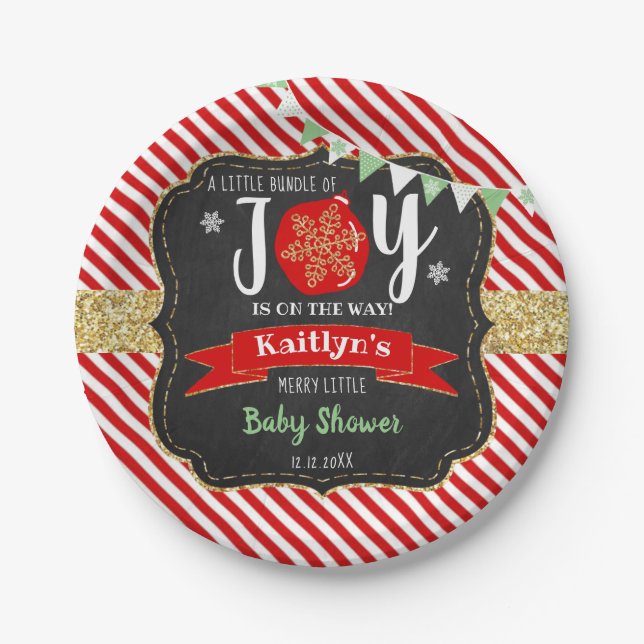 "Little Bundle Of Joy" Christmas Baby Shower Paper Plate (Front)