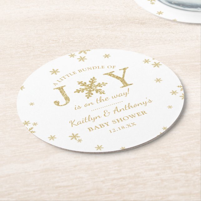 Little Bundle Of Joy Christmas Baby Shower Round Paper Coaster (Angled)
