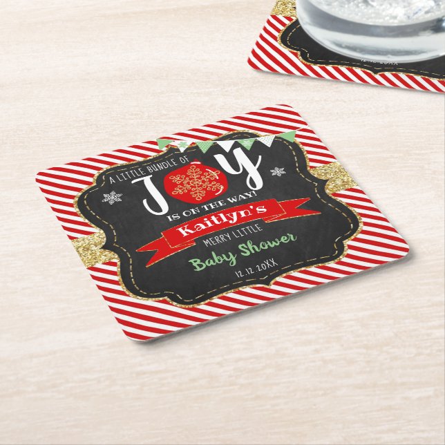 "Little Bundle Of Joy" Christmas Baby Shower Square Paper Coaster (Angled)
