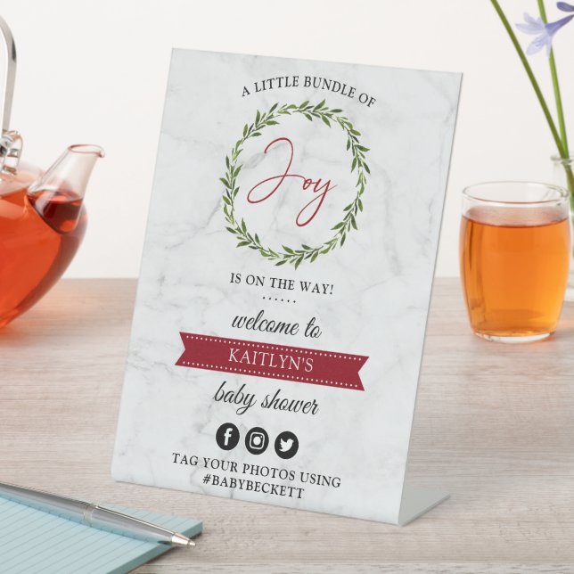 Little Bundle Of Joy Christmas Baby Shower Welcome Pedestal Sign (In SItu)