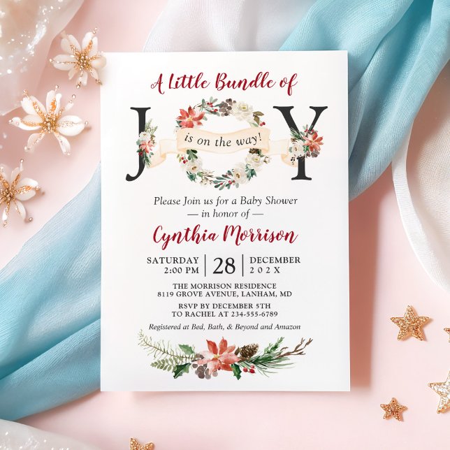 Little Bundle of JOY Poinsettia Floral Baby Shower Invitation (Creator Uploaded)