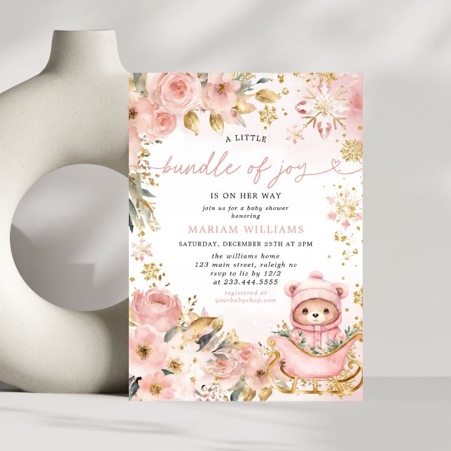 Little Bundle Pink Floral Bear Baby Shower Invitation (Creator Uploaded)