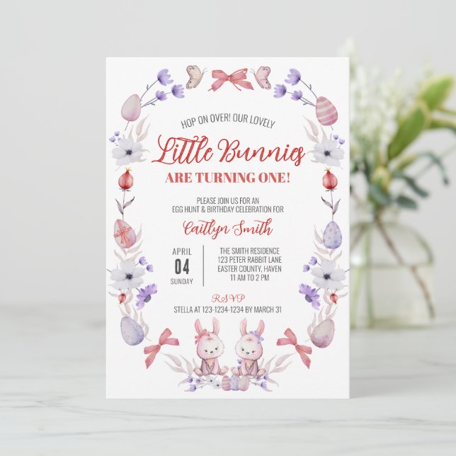 Little Bunnies turn One, Floral Twins Birthday Invitation (Standing Front)