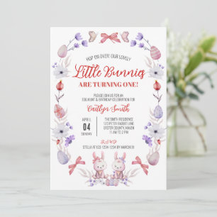 Little Bunnies turn One, Floral Twins Birthday Invitation