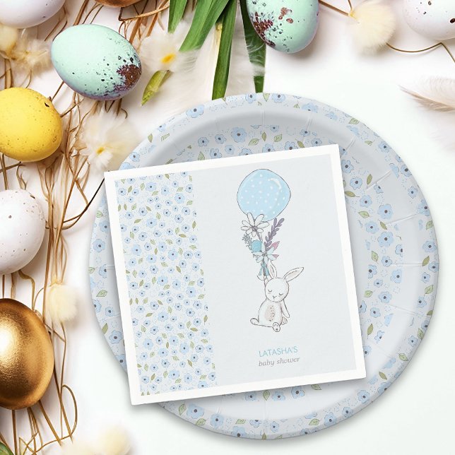 Little Bunny and Balloon Cute Blue Boy Baby Shower Napkin (Boy Baby Shower Napkins from my Little Bunny & Balloon Baby Shower collection)