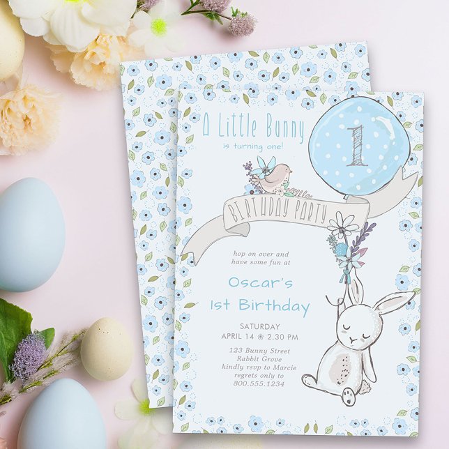 Little Bunny and Blue Balloon Any Age Boy Birthday Invitation (Little Bunny First Birthay Party Invitation - or edit to suit any age)