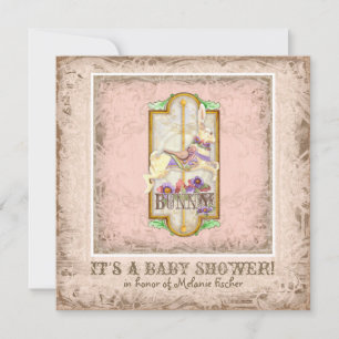 Little Bunny Baby Girl Circus Carousel Vintage Art Invitation