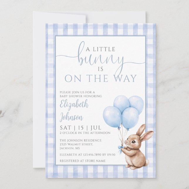Little Bunny Blue Balloons Boy Baby Shower  Invitation (Front)