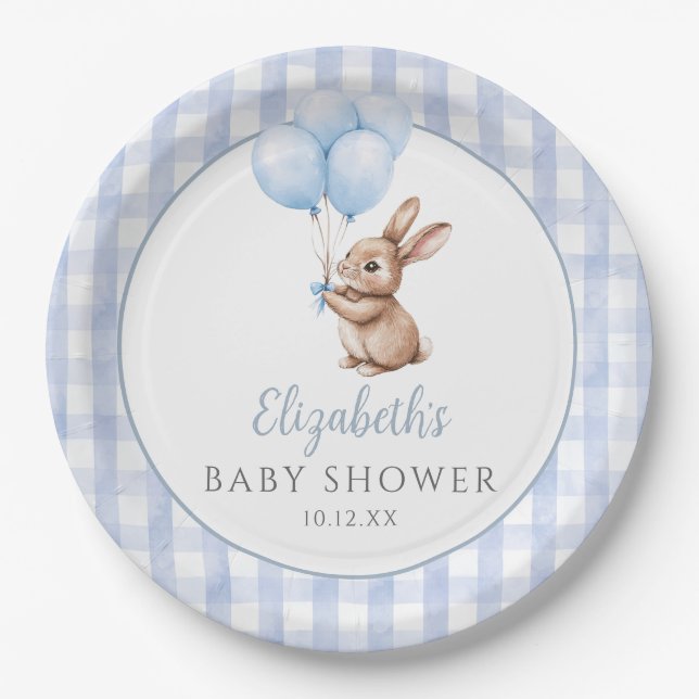 Little Bunny Blue Balloons Boy Baby Shower Paper Plate (Front)