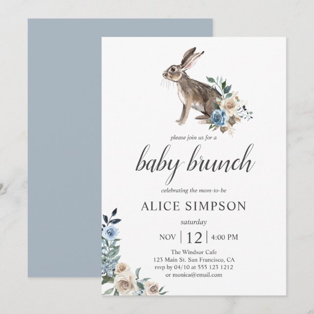 Little Bunny Boho Dust Blue Flowers Baby Shower Invitation (Front/Back)