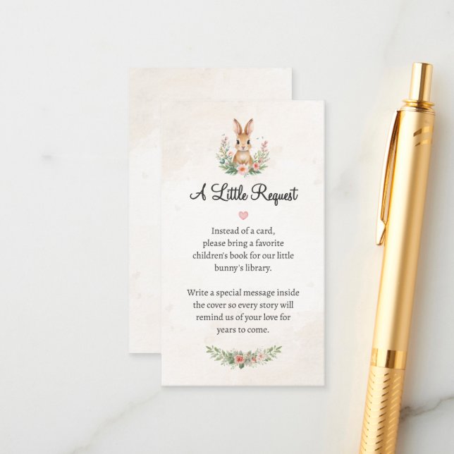 Little Bunny Book Request Card | Neutral Boho Baby (Front/Back In Situ)