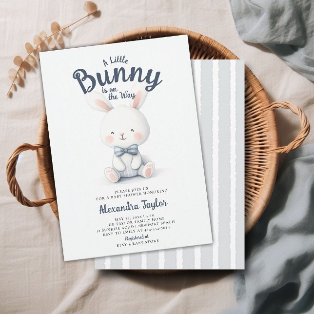 Little Bunny Bow Tie Navy White Baby Boy Shower Invitation (a little bunny baby boy shower invitation springtime easter garden picnic navy blue cute sweet)