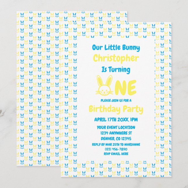 Little Bunny Boy 1st Birthday Invitation (Front/Back)
