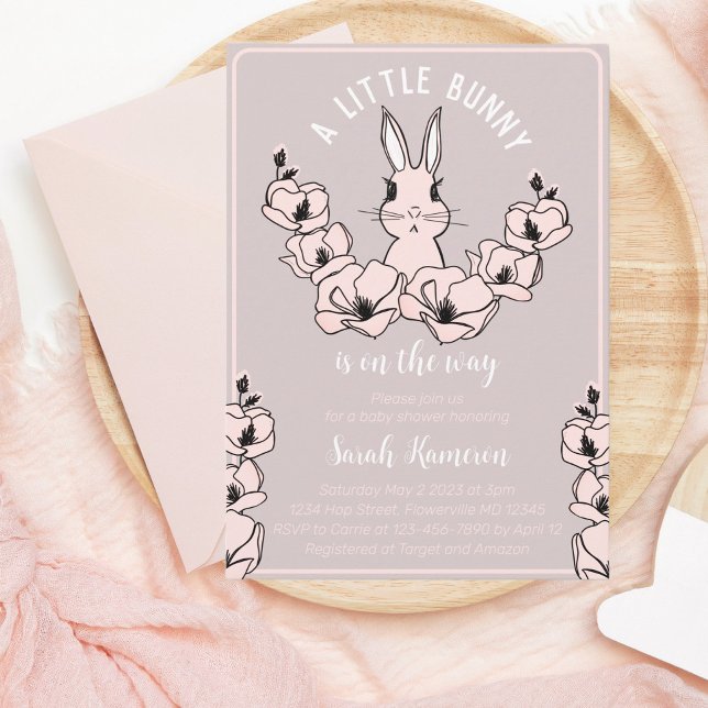 Little Bunny Cute Pink Floral Baby Shower  Invitation (Creator Uploaded)
