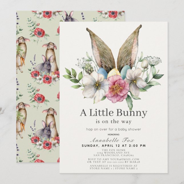 Little Bunny Ear Floral Green Baby Shower Invitation (Front/Back)