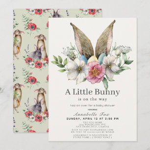 Little Bunny Ear Floral Green Baby Shower Invitation