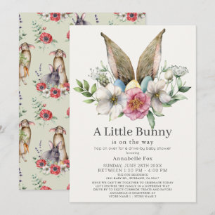 Little Bunny Ear Floral Green Drive-by Baby Shower Invitation