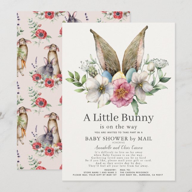 Little Bunny Ear Floral Pink Baby Shower by Mail Invitation (Front/Back)