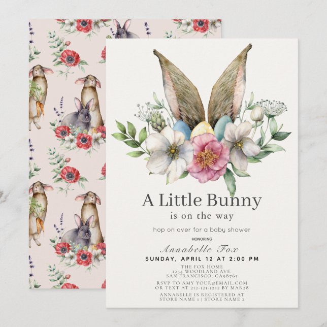Little Bunny Ear Floral Pink Baby Shower Invitation (Front/Back)