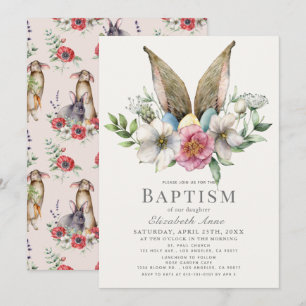 Little Bunny Ear Floral Pink Girl Baptism Invitation