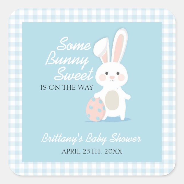 Little Bunny Easter Baby Shower Gingham Plaid Square Sticker (Front)