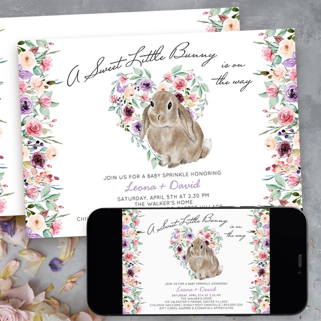 Little Bunny Floral Love Heart Baby Sprinkle Invitation (Sweet little bunny baby sprinkle invitation - message me to create additional templates)