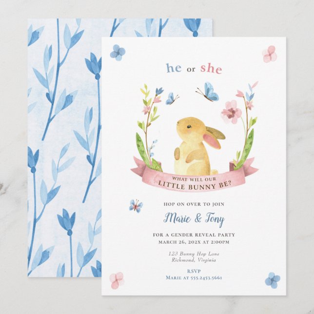 Little Bunny Gender Reveal Invitation, He or She Invitation (Front/Back)