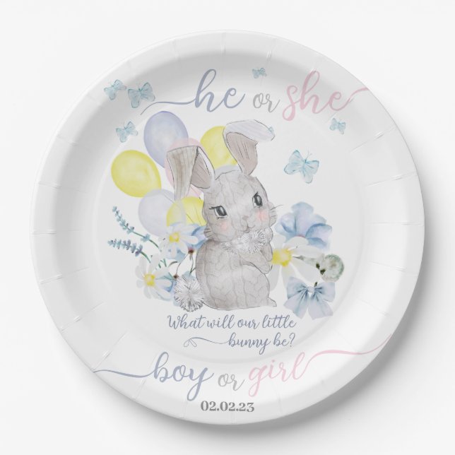 Little bunny gender reveal party plate. paper plat paper plate (Front)