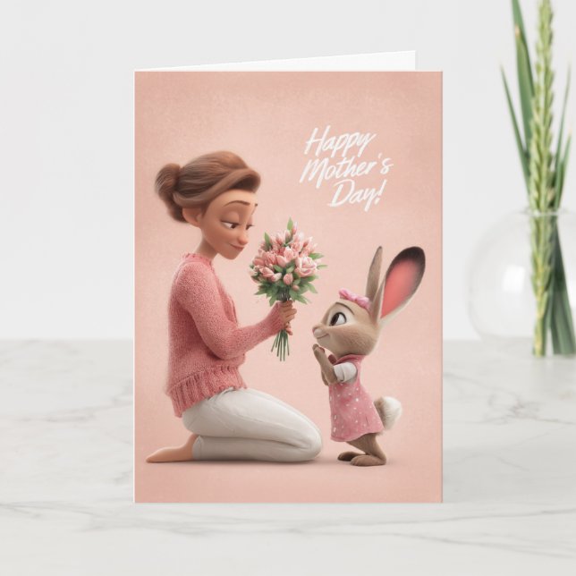 Little Bunny in Pink Bringing Mother's Day Flowers Card (Front)