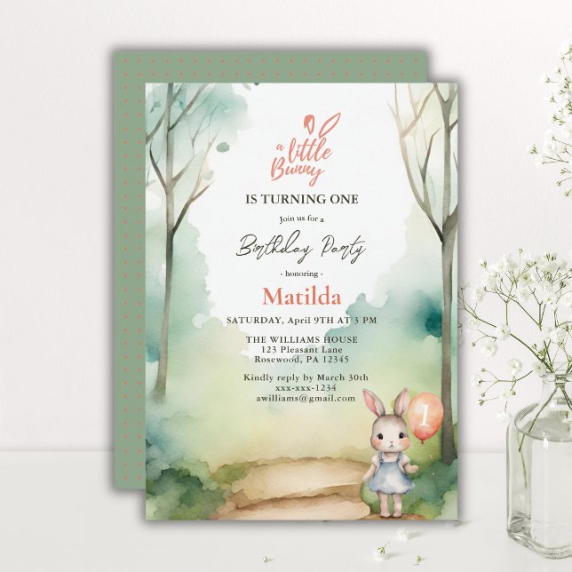 Little Bunny Is Turning One Watercolor Birthday Invitation (Creator Uploaded)
