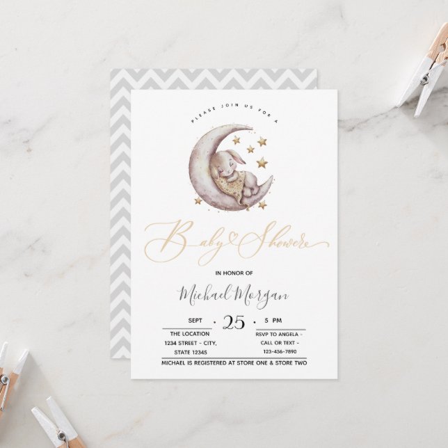 Little Bunny Moon Stars Zigzag Baby Shower Invitation (Front/Back In Situ)