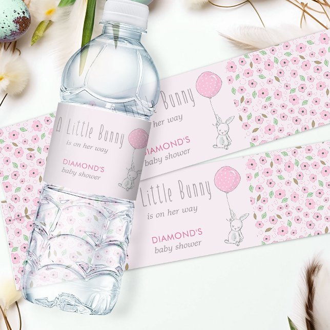Little Bunny Pink Floral Baby Shower Water Bottle Label (Water Bottle Labels from my Little Bunny & Balloon Baby Shower collection)