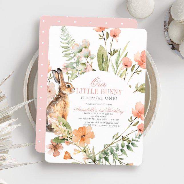 Little Bunny Pink Floral Girl 1st Birthday Invitation (Creator Uploaded)