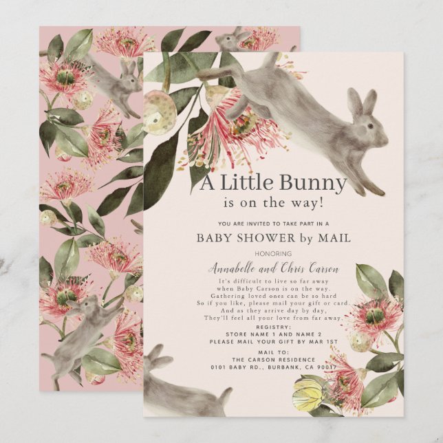 Little Bunny Pink Floral Girl Baby Shower by Mail Invitation (Front/Back)