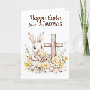 Little Bunny Reading Book and Cross Holiday Card