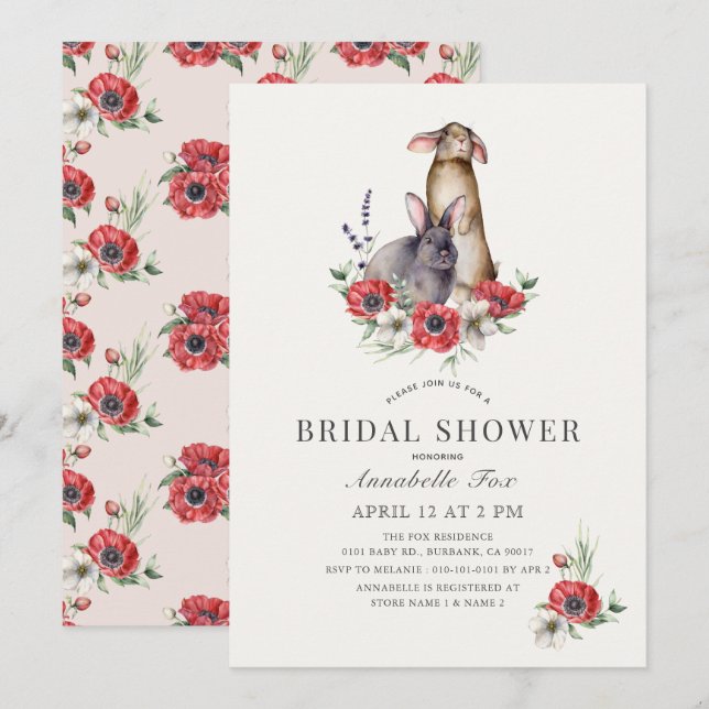 Little Bunny Red Anemone Floral Bridal Shower Invitation (Front/Back)