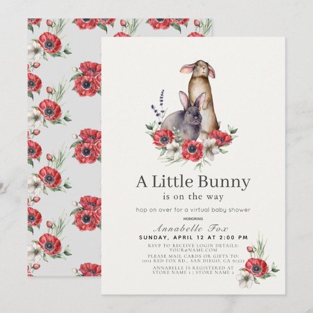 Little Bunny Red Anemone Virtual Baby Shower Invitation (Front/Back)