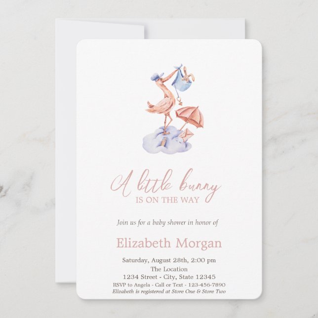 Little Bunny Stork Polka Dots Baby Shower Invitation (Front)